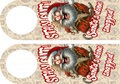 Two identical door hangers with a cartoonish monster and text on a patterned background.