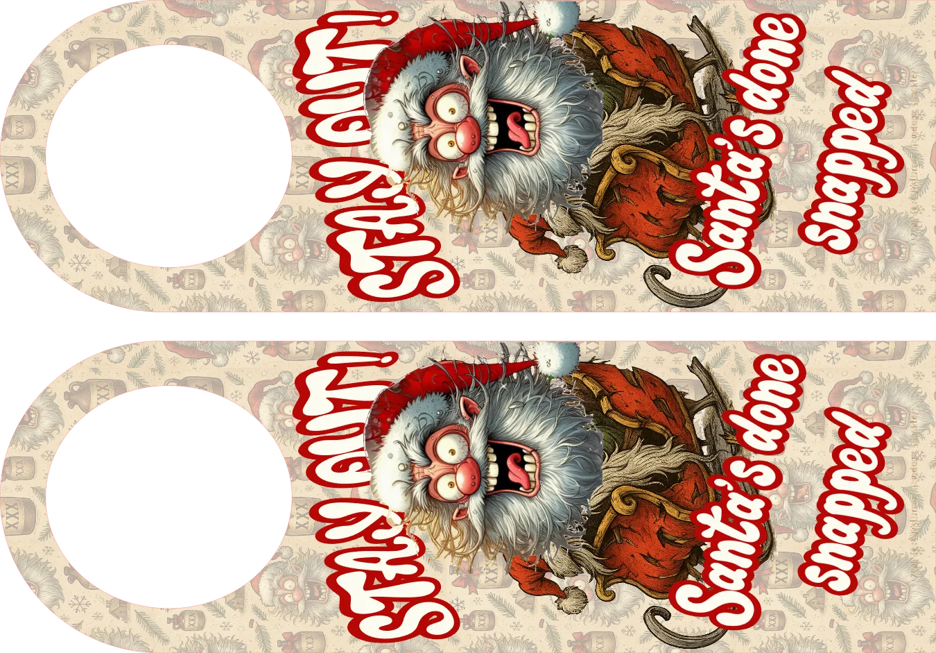 Two identical door hangers with a cartoonish monster and text on a patterned background.