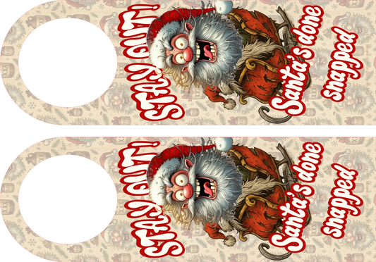 Two identical door hangers with a cartoonish monster and text on a patterned background.