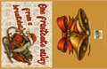 Vintage-style card with Santa Claus and bells on a gold background