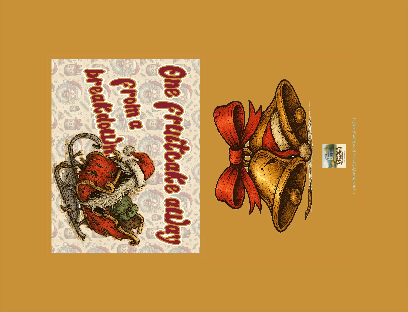 Vintage-style Christmas card with Santa Claus and bells on a gold background