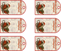 Set of six vintage-style tags with a red and white color scheme featuring a small Santa Claus figure.