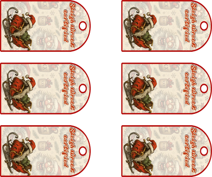 Set of six vintage-style tags with a red and white color scheme featuring a small Santa Claus figure.