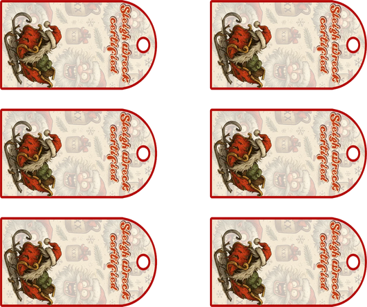Set of six vintage-style tags with a red and white color scheme featuring a small Santa Claus figure.