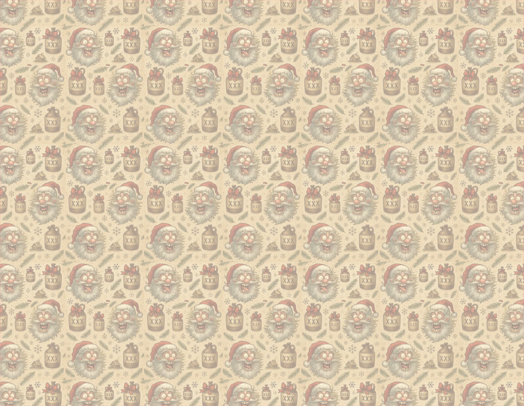 Pattern of Santa Claus faces and presents on a beige background