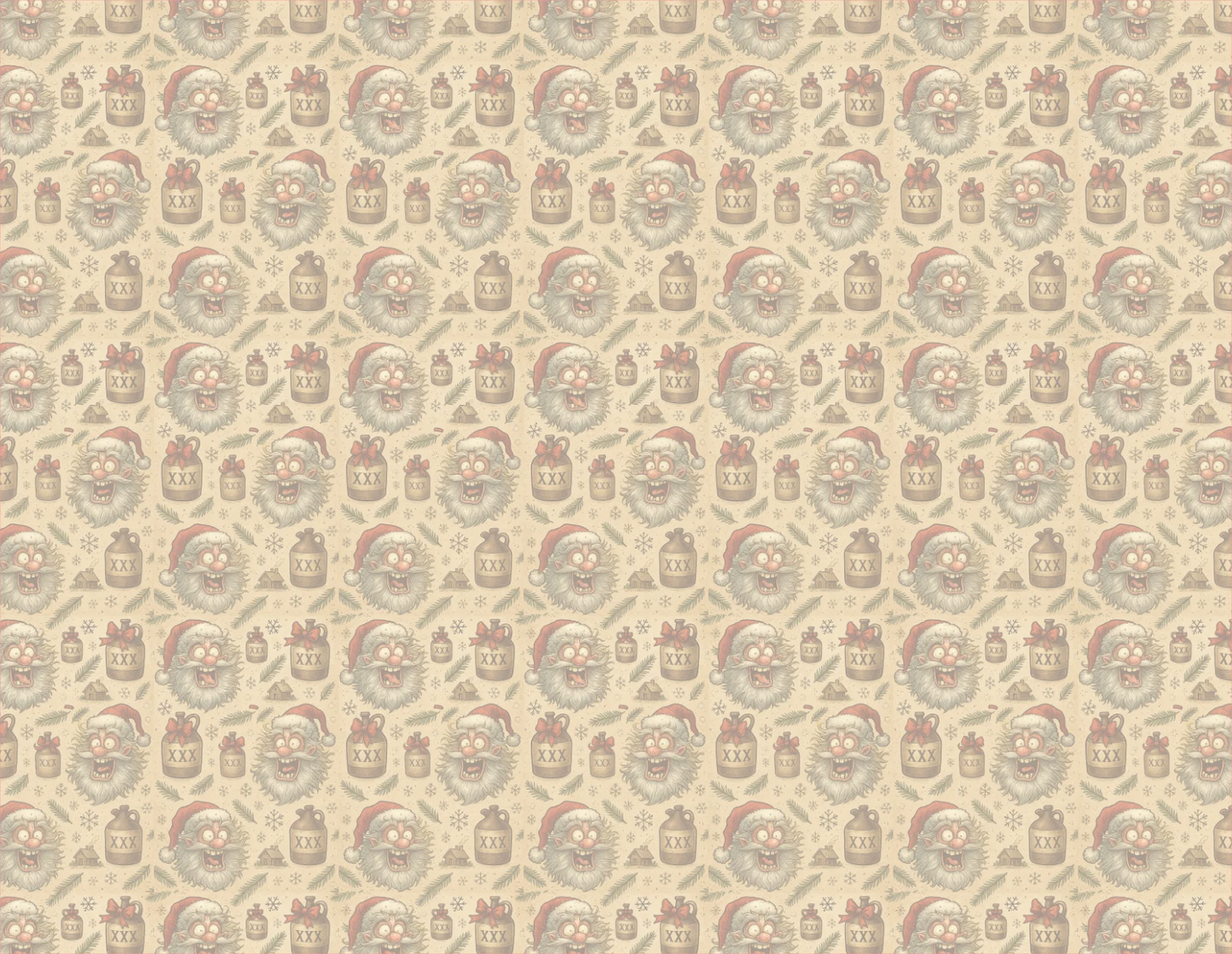 Pattern of Santa Claus faces and presents on a beige background