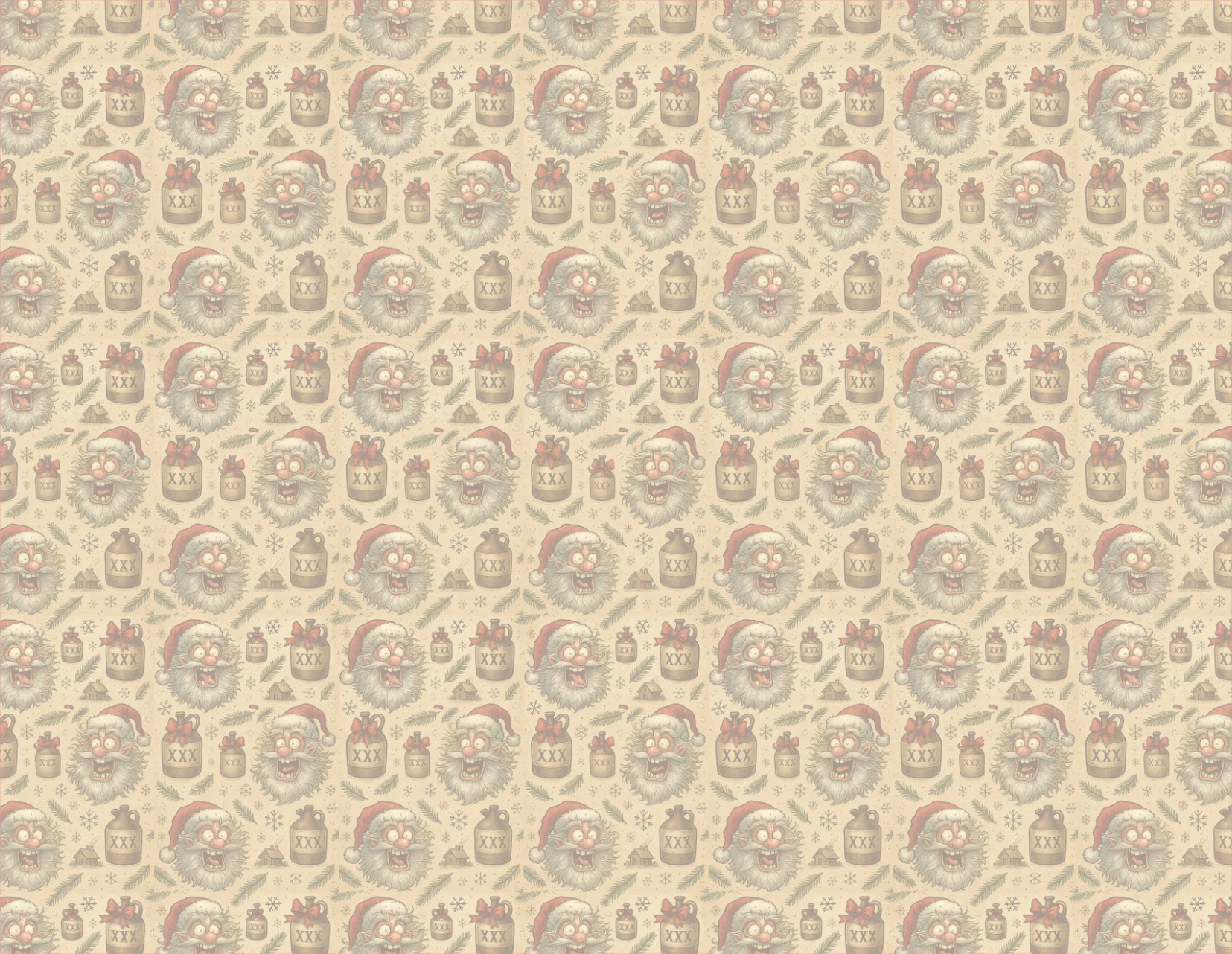 Pattern of Santa Claus faces and presents on a beige background