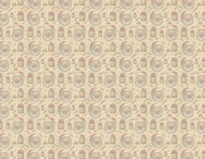 Pattern of Santa Claus faces and presents on a beige background