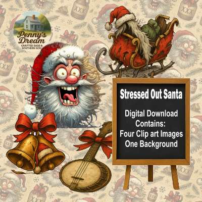 Stressed Out Santa digital download with clip art images and background on a vintage-themed background.