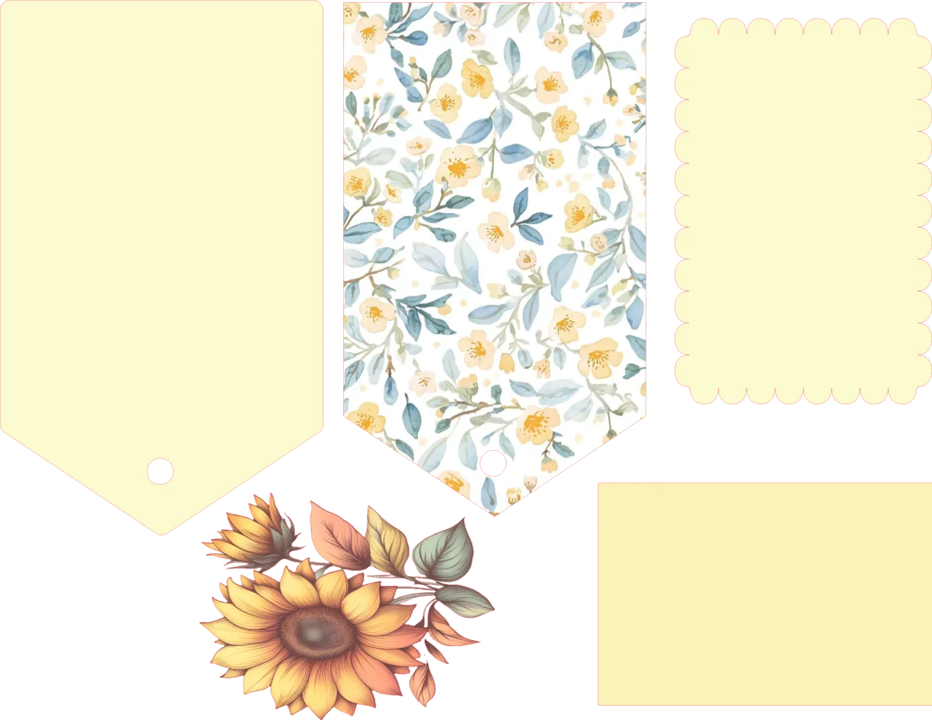 Set of floral and sunflower patterned paper sheets on a white background