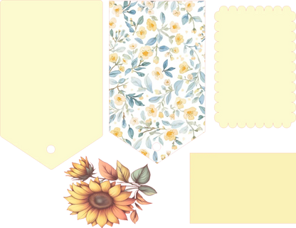 Set of floral and sunflower patterned paper sheets on a white background