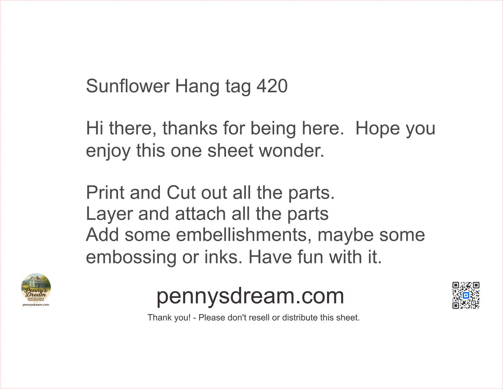 Text-based instruction sheet for a sunflower-themed craft project with a website URL at the bottom.
