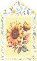 Decorative card with sunflowers and floral elements on a yellow background
