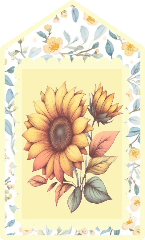 Decorative card with sunflowers and floral elements on a yellow background