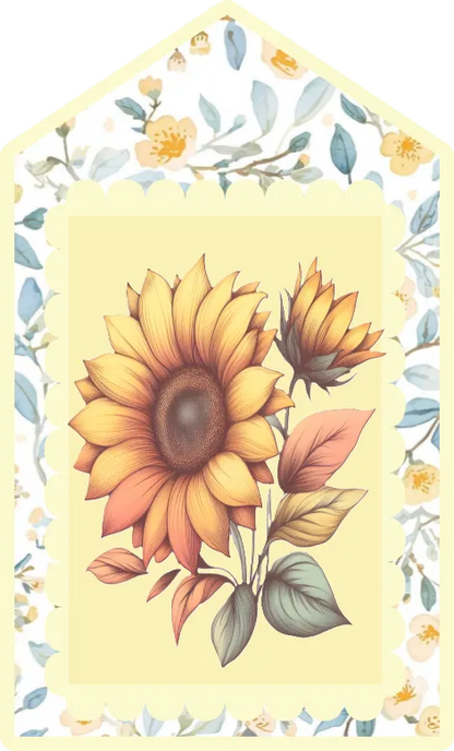Decorative card with sunflowers and floral elements on a yellow background