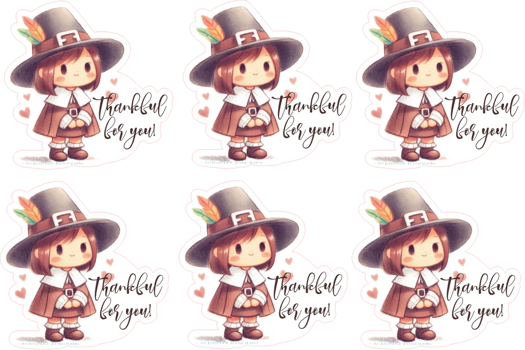 Six identical cartoon sticker designs arranged in a 2x3 grid on a white background. Each sticker shows a chibi-style girl in a brown pilgrim hat and outfit holding a small pumpkin, with the phrase 'thankful for you!' in script and small pink hearts around her.