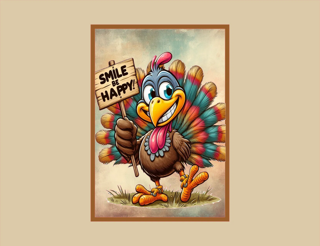 A card featuring a cartoon Thanksgiving turkey holding a wooden sign that reads 'SMILE & HAPPY!'. The turkey has multicolored feathers in shades of teal, orange, pink, and brown, with a yellow beak and blue-gray head.