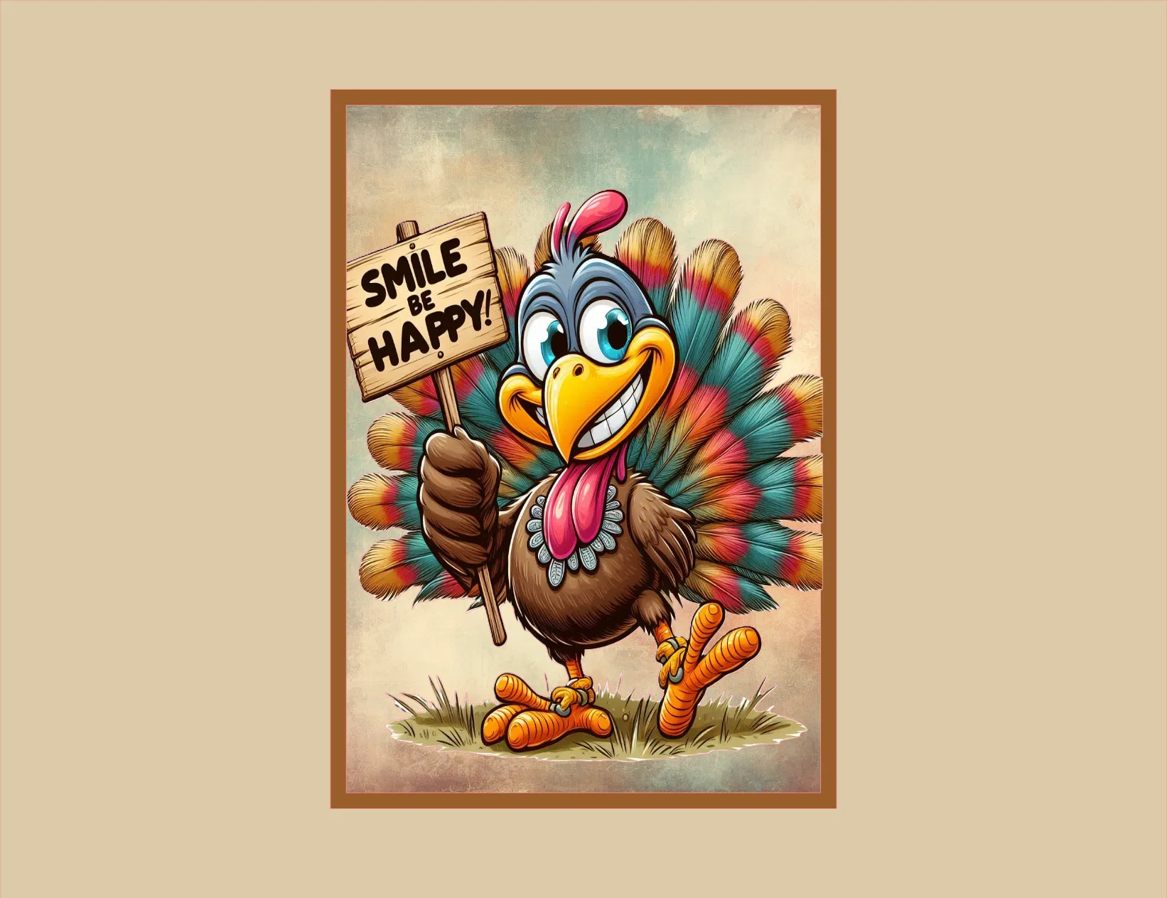 A card featuring a cartoon Thanksgiving turkey holding a wooden sign that reads 'SMILE & HAPPY!'. The turkey has multicolored feathers in shades of teal, orange, pink, and brown, with a yellow beak and blue-gray head.