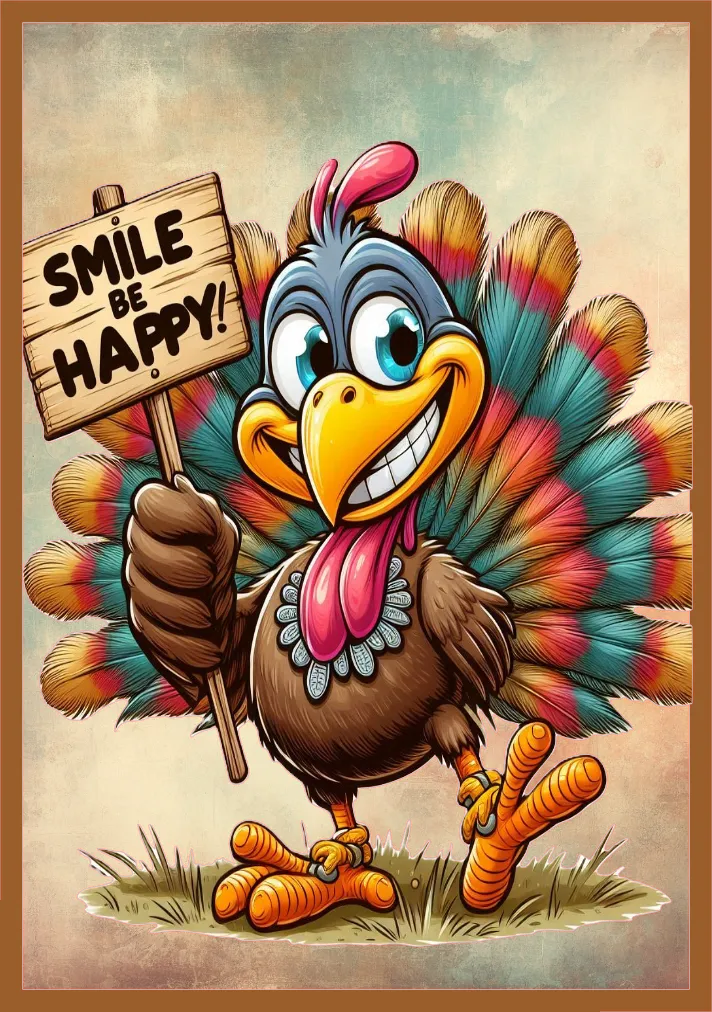 A colorful cartoon turkey holding a wooden sign that reads “SMILE BE HAPPY!” The turkey has blue-gray head feathers, a bright yellow beak and feet, and multicolored tail feathers in teal, pink, orange, and brown. It stands on a small patch of grass against a textured beige background with a brown border.