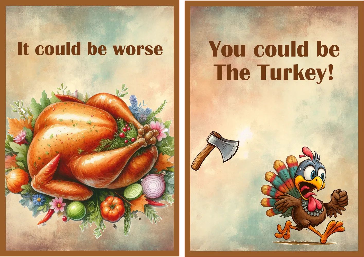 Two Thanksgiving-themed illustrated panels with brown borders. The left panel shows a roasted turkey surrounded by vegetables and flowers with the text 'It could be worse.