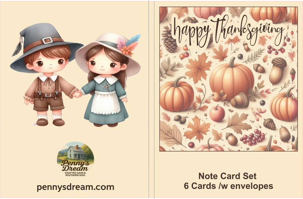 Note card set with pilgrim boy and girl illustration and 'Happy Thanksgiving' design.