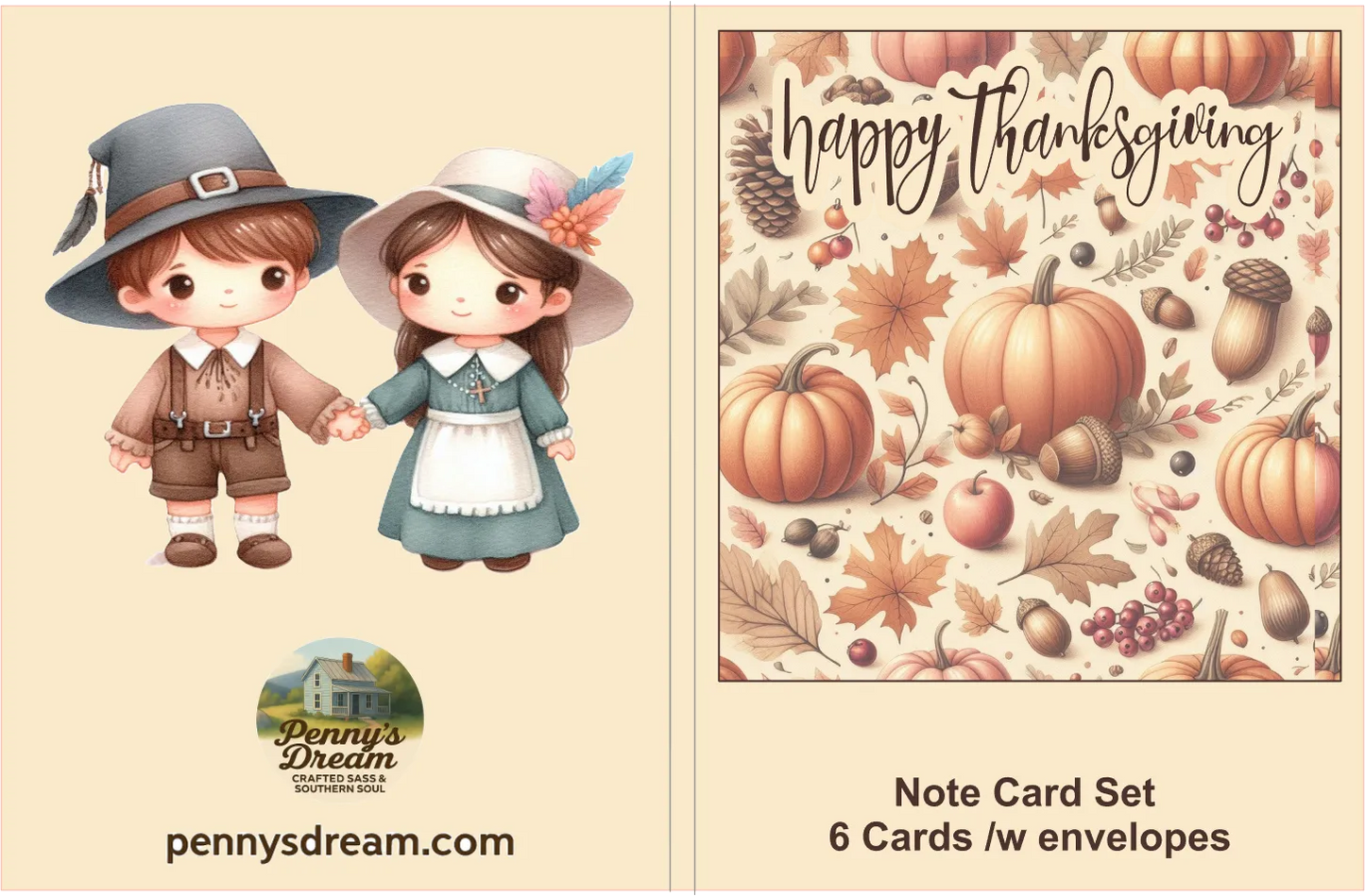 Note card set with pilgrim boy and girl illustration and 'Happy Thanksgiving' design.