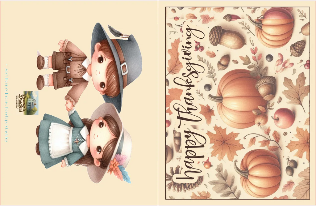 Thanksgiving-themed design with pilgrims and pumpkins on a beige background