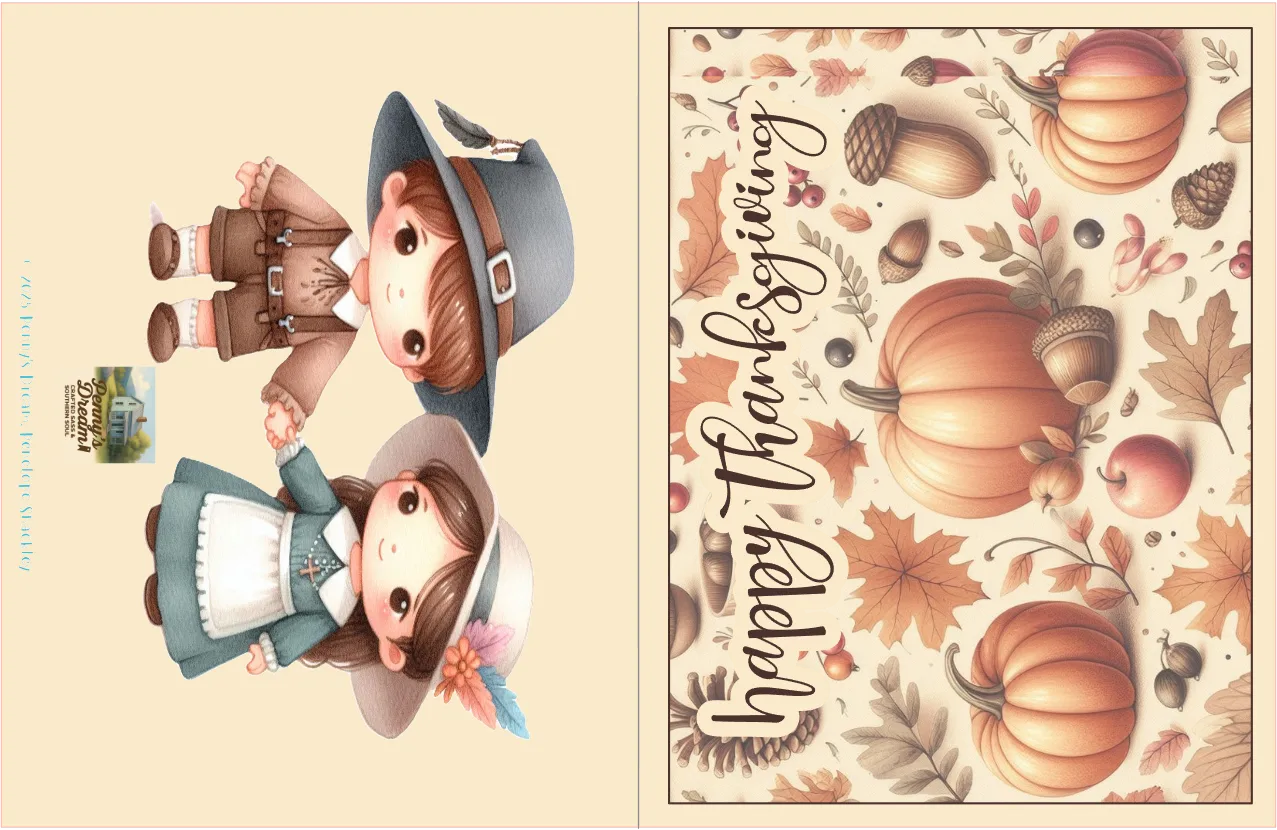 Thanksgiving-themed design with pilgrims and pumpkins on a beige background