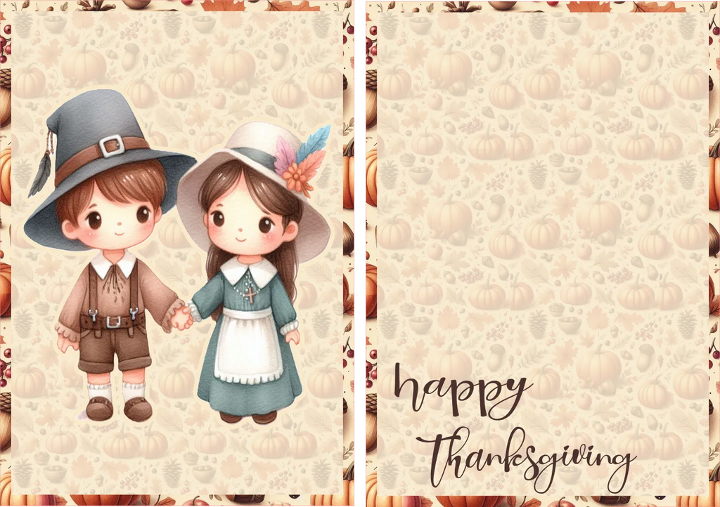 Cartoon boy and girl in Pilgrim costumes with 'Happy Thanksgiving' text on a patterned background.