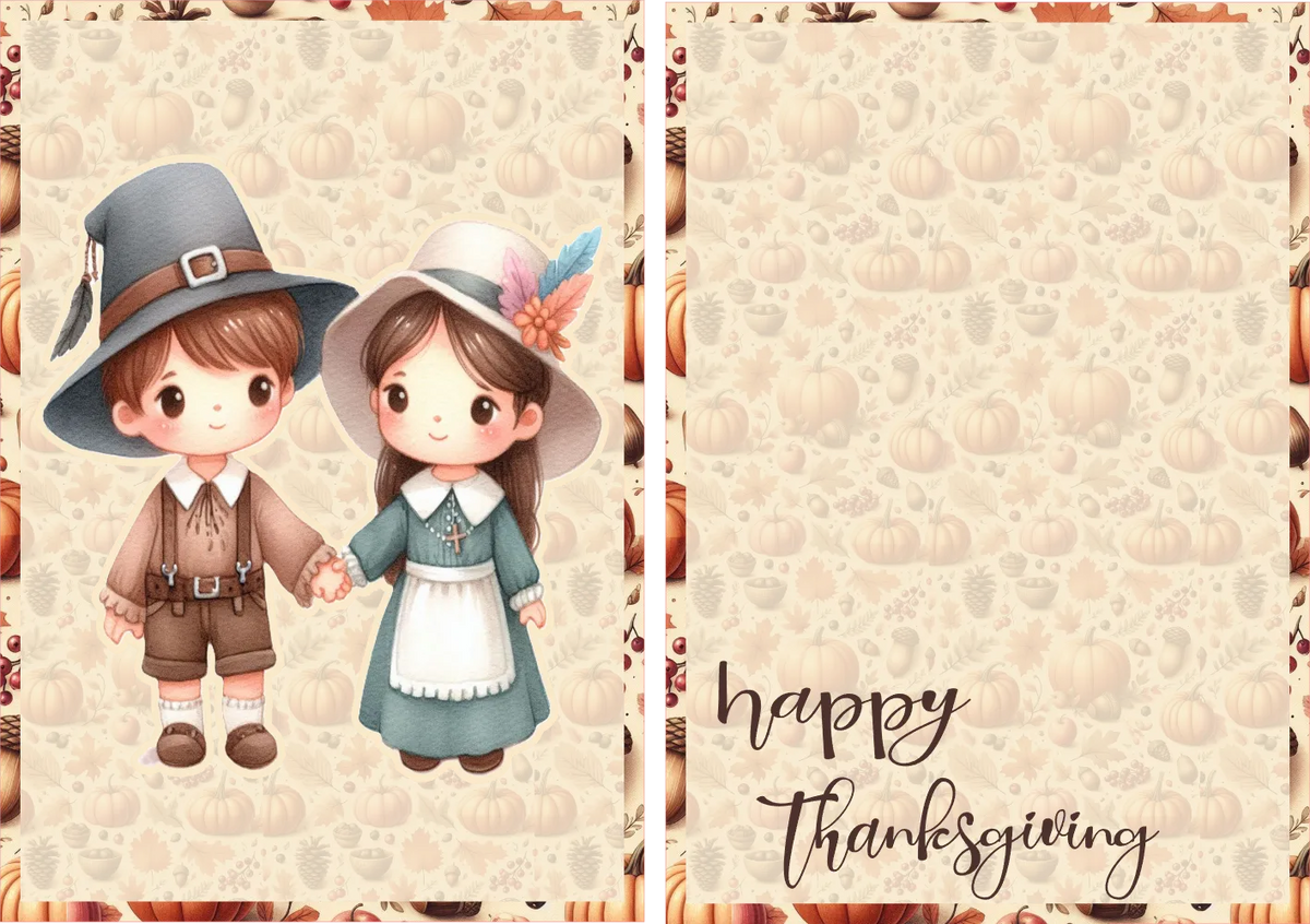 Cartoon boy and girl in Pilgrim costumes with 'Happy Thanksgiving' text on a patterned background.