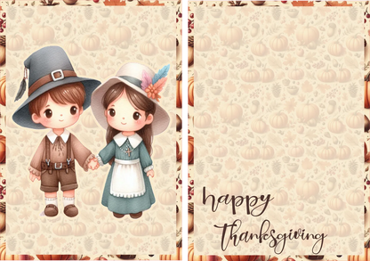 Cartoon boy and girl in Pilgrim costumes with 'Happy Thanksgiving' text on a patterned background.