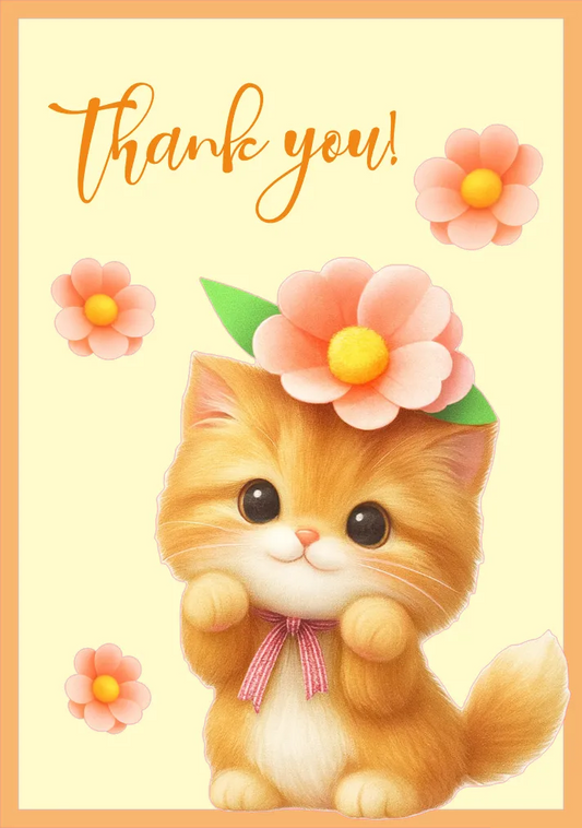 A cute illustrated thank-you card featuring a fluffy orange kitten wearing a pink flower on its head and a pink bow tie, with the words “thank you!” in orange script and additional pink flowers on a pale yellow background.