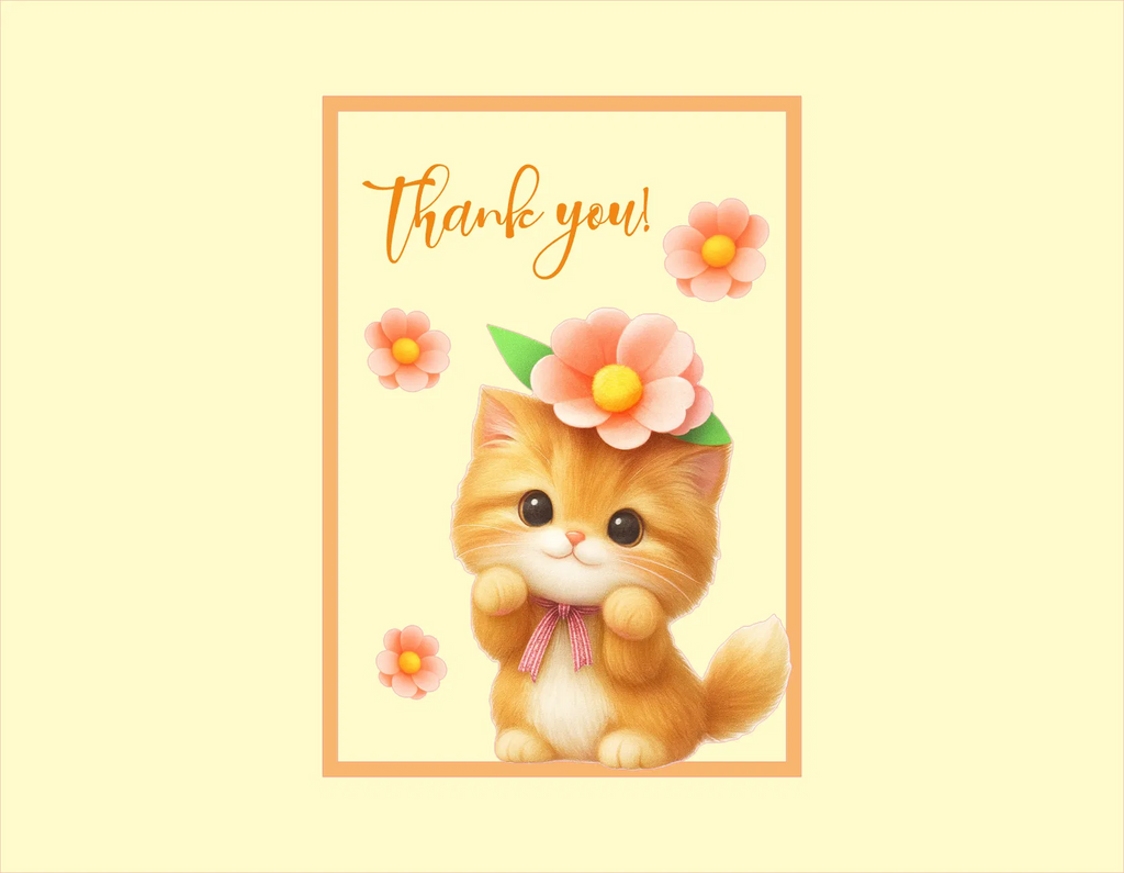 A cute thank you card featuring an illustration of a fluffy orange kitten wearing a flower crown and pink bow, surrounded by pink flowers on a pale yellow background with a peach border.