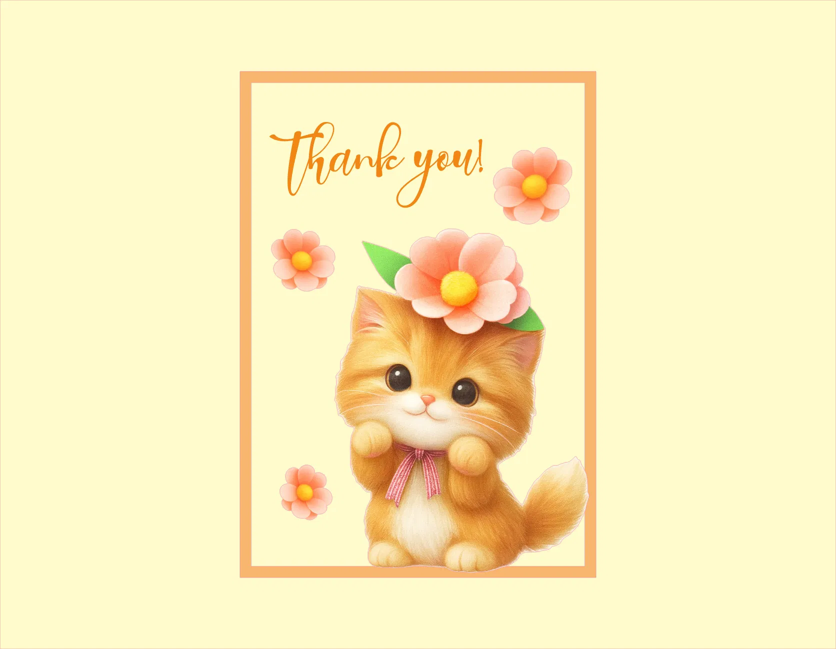 A cute thank you card featuring an illustration of a fluffy orange kitten wearing a flower crown and pink bow, surrounded by pink flowers on a pale yellow background with a peach border.