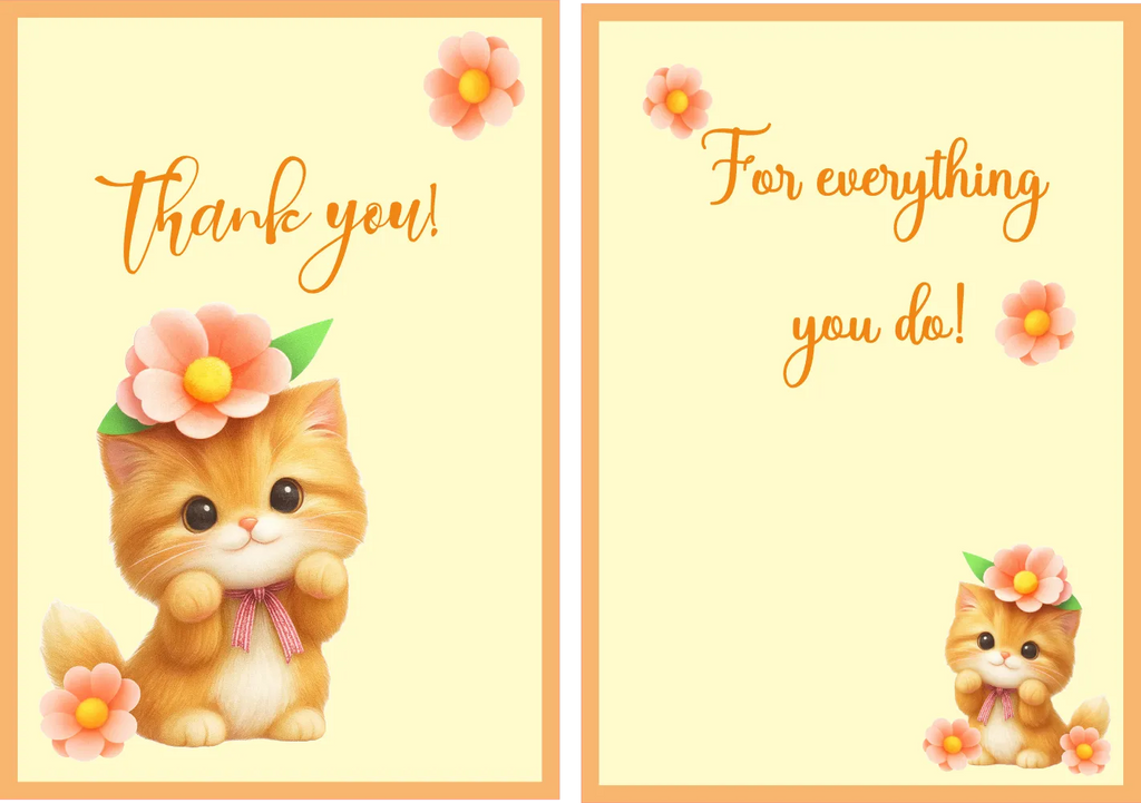 A two-panel thank you card design featuring a cute orange kitten wearing a pink bow and flower crown, with pink flowers and the text 'thank you!' and 'For everything you do!' on a pale yellow background.