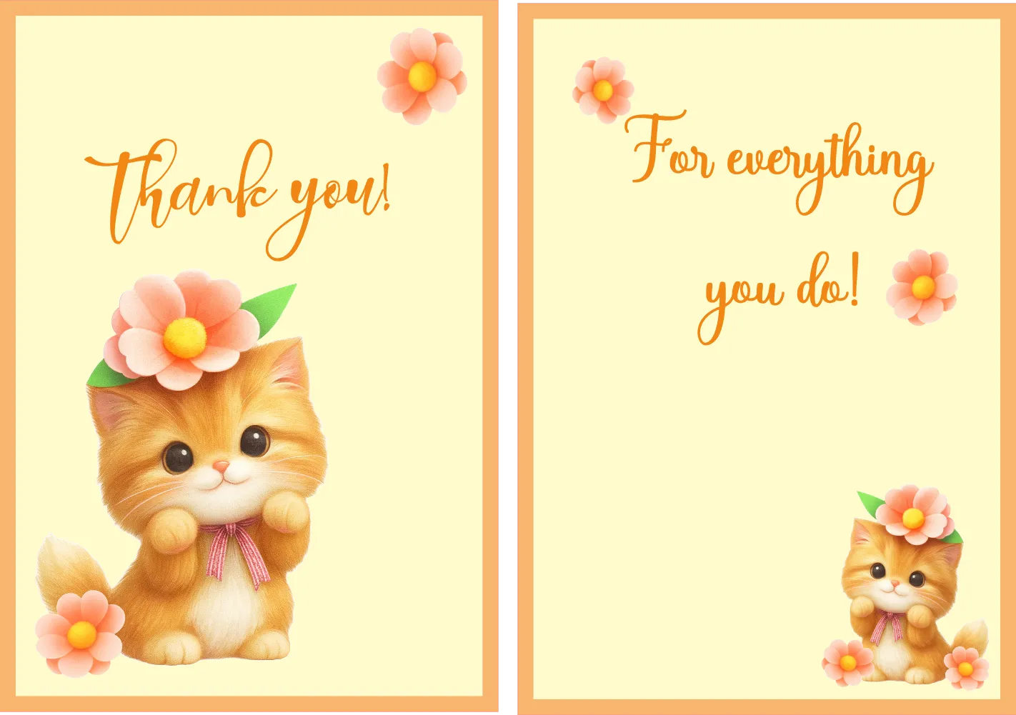 A two-panel thank you card design featuring a cute orange kitten wearing a pink bow and flower crown, with pink flowers and the text 'thank you!' and 'For everything you do!' on a pale yellow background.