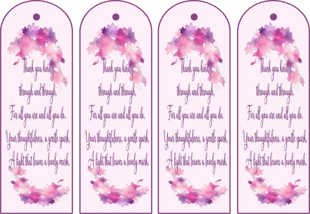 Four identical bookmarks with pink and purple watercolor designs and text.