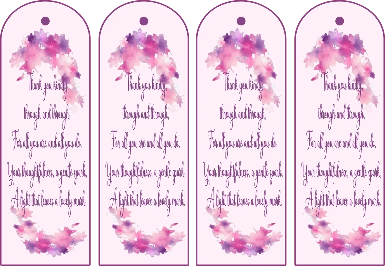 Four identical bookmarks with pink and purple watercolor designs and text.