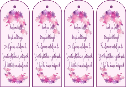 Four identical bookmarks with pink and purple watercolor designs and text.