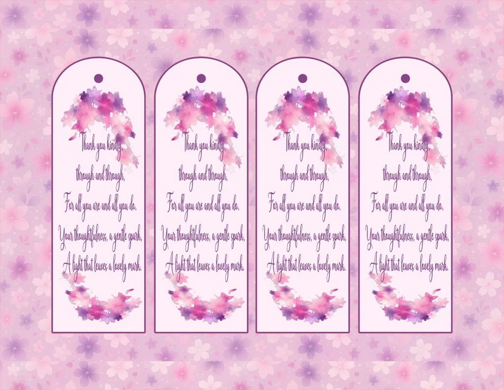 Four identical bookmarks with floral designs and text on a pink floral background