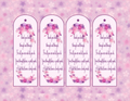 Four identical bookmarks with floral designs and text on a pink floral background