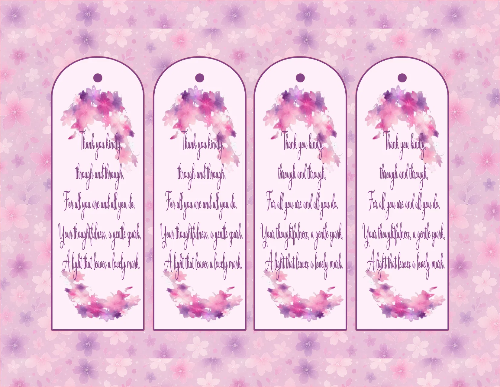 Four identical bookmarks with floral designs and text on a pink floral background