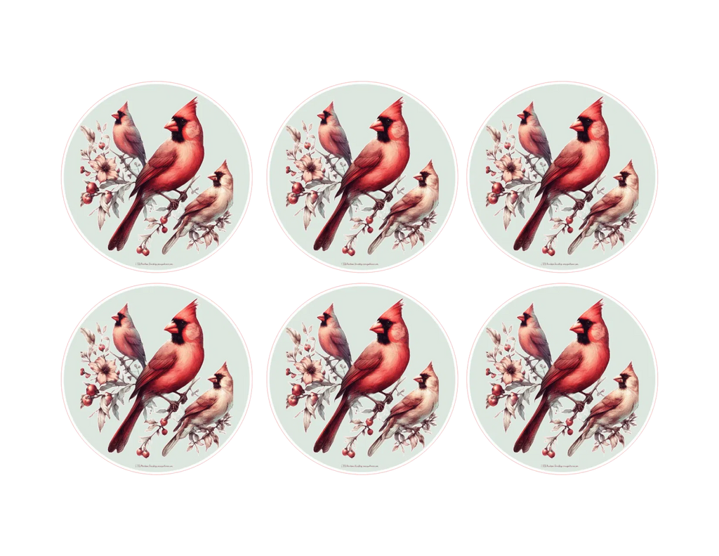 Set of six circular coasters with red cardinal birds on branches.