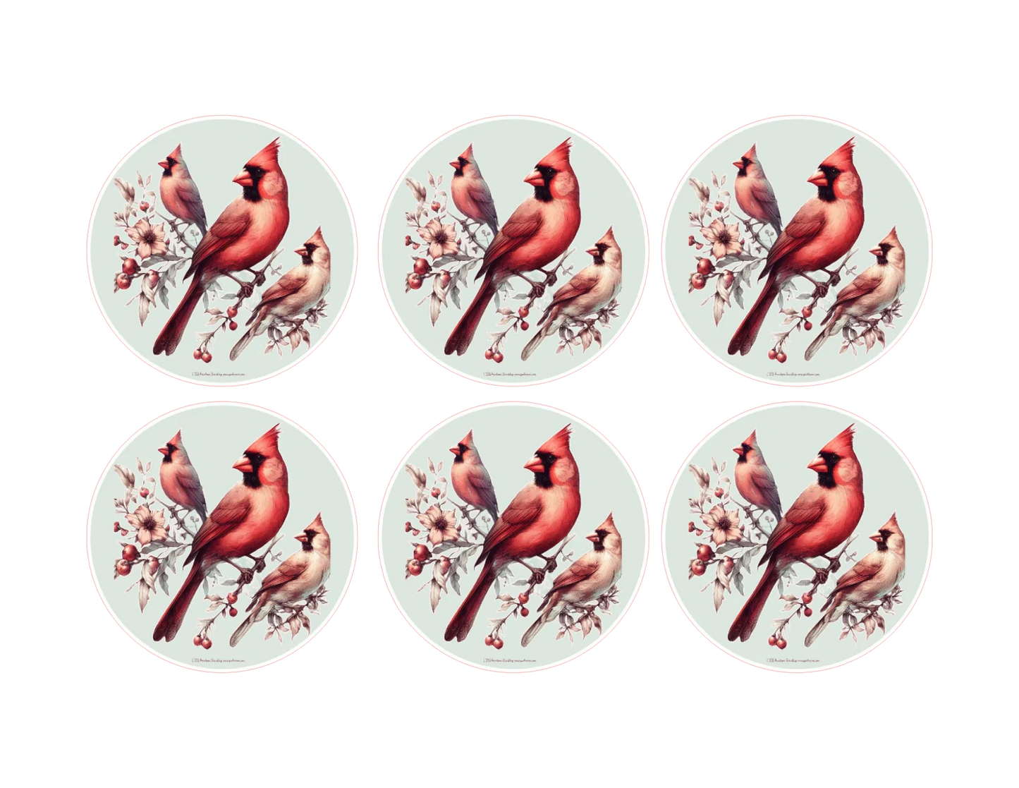 Set of six circular coasters with red cardinal birds on branches.