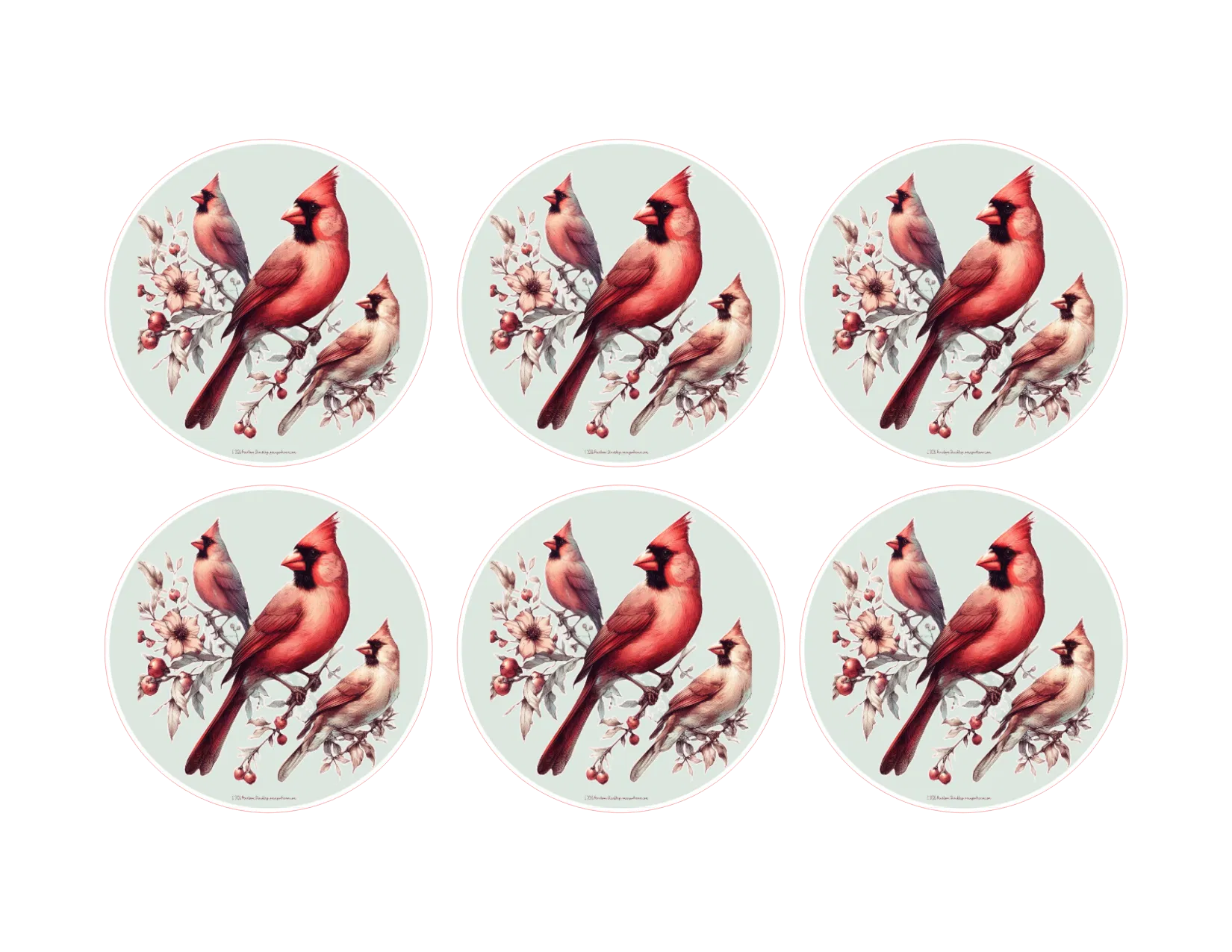 Set of six circular coasters with red cardinal birds on branches.