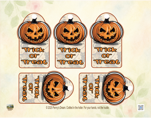 Set of six Halloween-themed gift tags with jack-o'-lanterns and 'Trick or Treat' text on a light background.