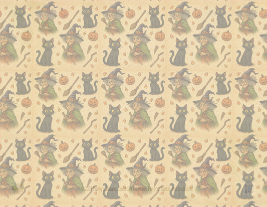Pattern of cats in witch costumes and brooms on a beige background