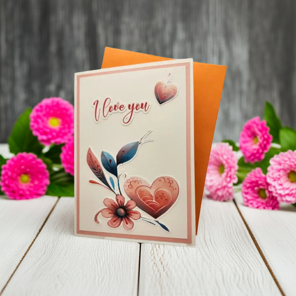 Greeting card with floral design and 'I love you' text, surrounded by pink flowers on a wooden surface.