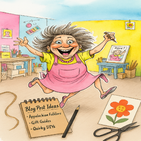 Cartoon woman in a classroom with art supplies and a notebook titled 'Blog Post Ideas'.