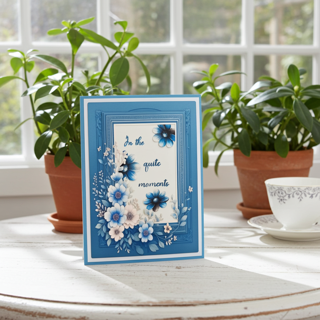 Floral card with blue and white flowers on a wooden table with plants and a teacup in the background.